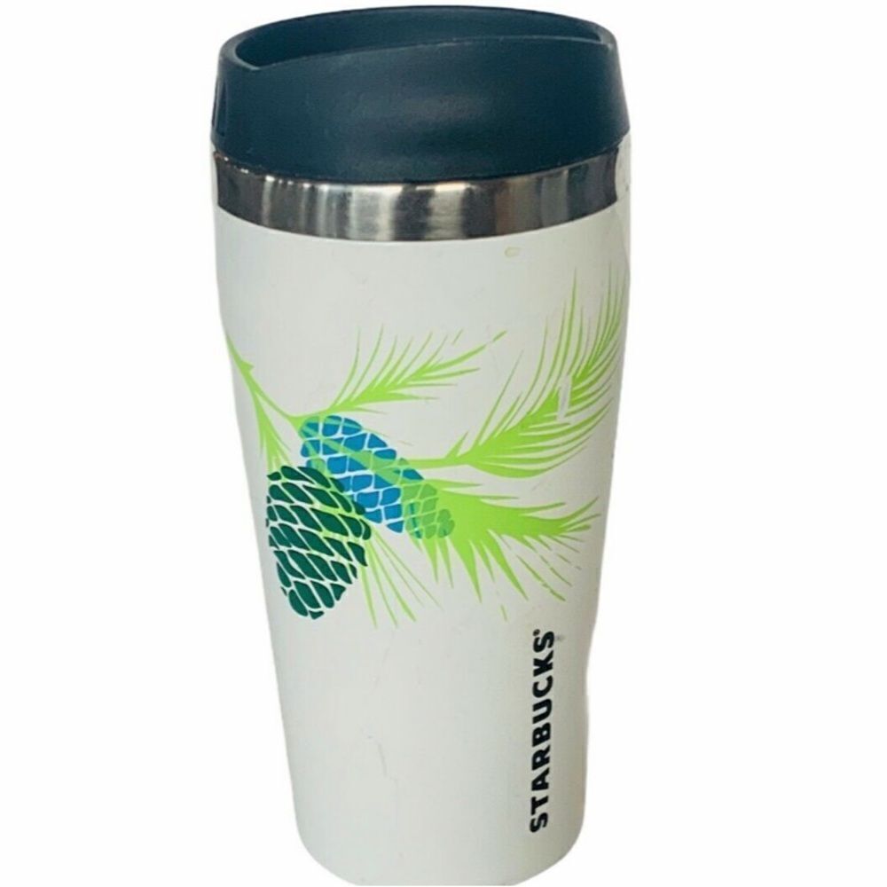Starbucks White Travel Tumbler Green and Blue Pine Cone and Branch Design - Picture 2 of 13